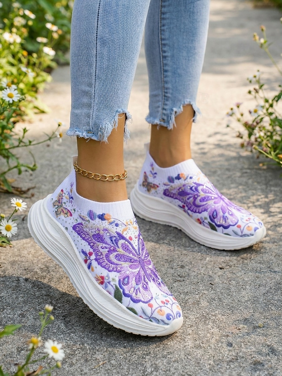 Tênis slip-on feminino roxo vibrante com estampa de borboletas - calçado esportivo leve com plataforma e detalhes em strass. &Tênis casual de malha respirável, ideal para caminhadas leves e passeios de 2026 por $32.99 –P6
