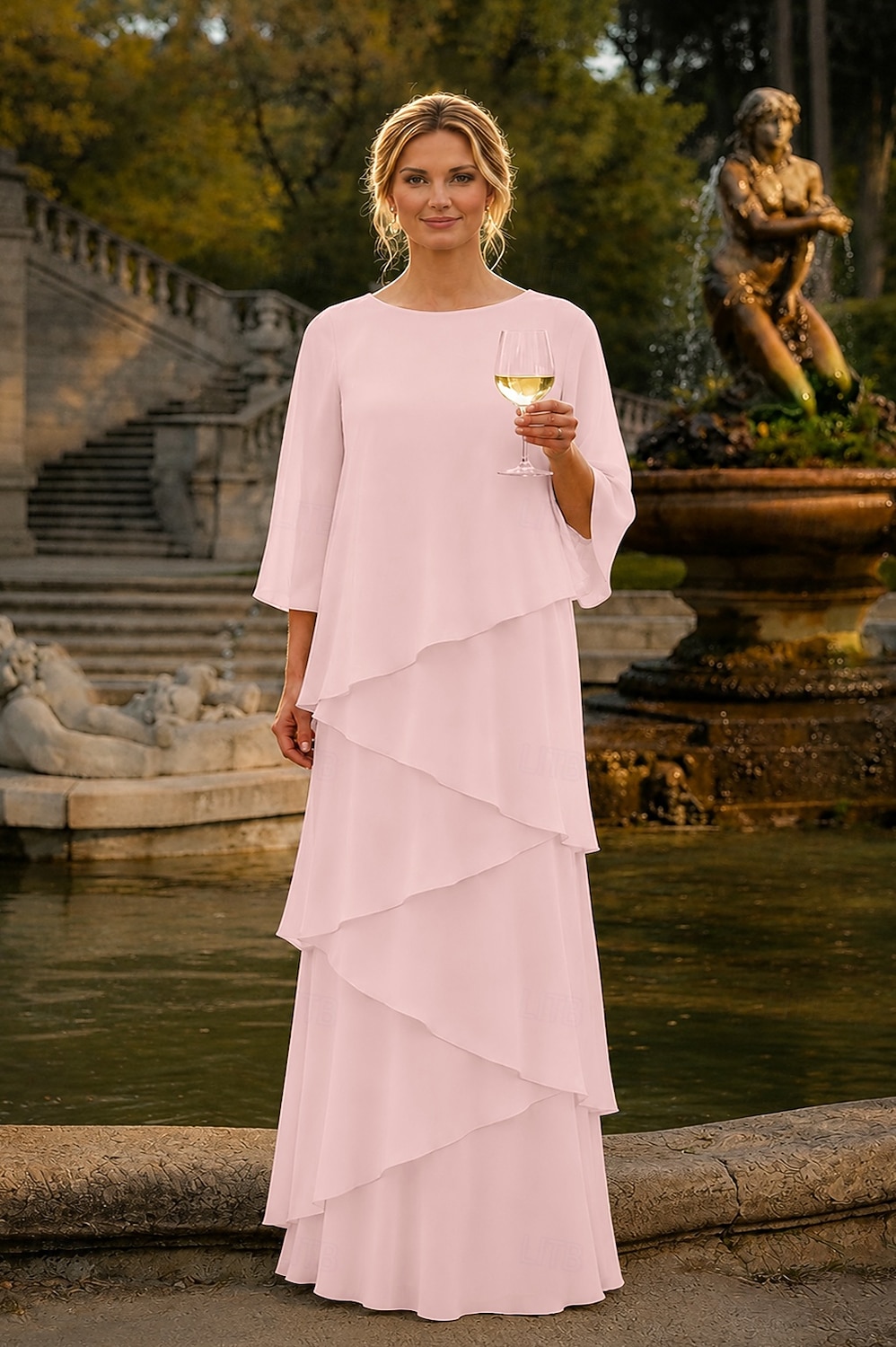 Funda Columna Hasta el Suelo Vestido Invitada Boda Vestido formal Vestido de noche Vestido de Madrina Manga 3/4 Cuello Barco Elegante Formal Gasa con Volantes 2026 - $172.99 –P10