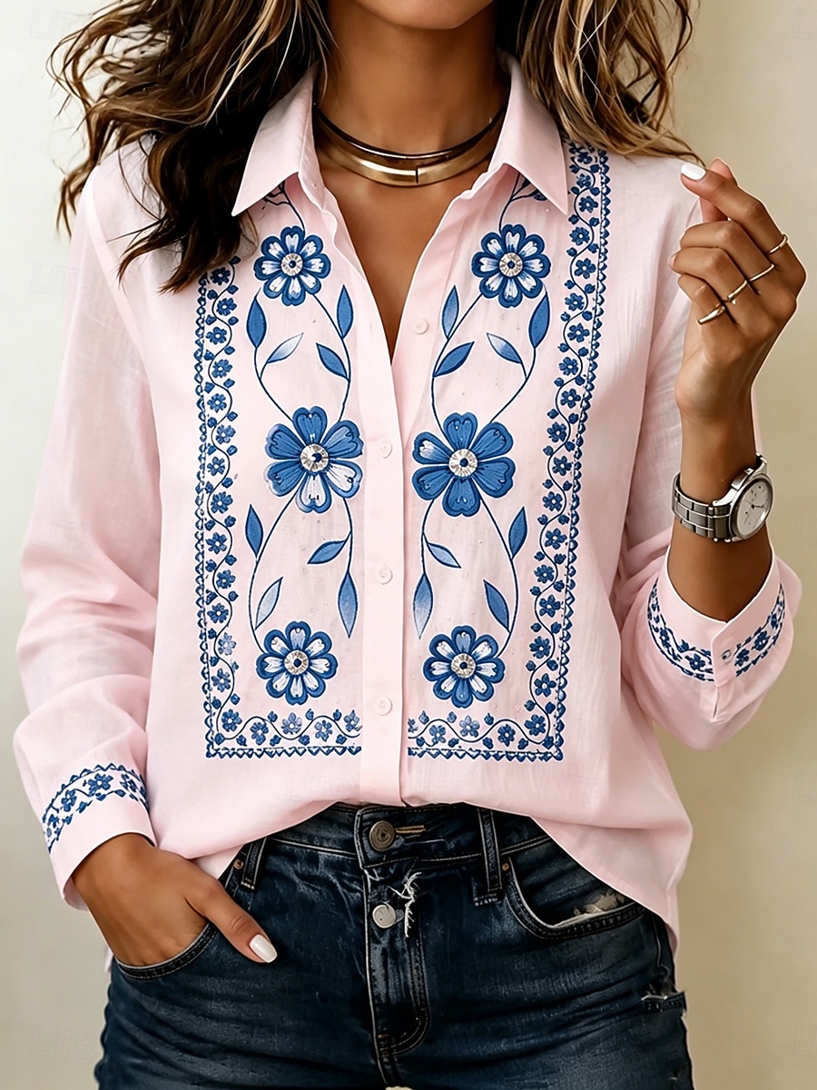 Women's Shirt Blouse Ruched Patchwork Embroidered Floral Graphic Vintage Casual Long Sleeve Shirt Collar Regular Tops Casual Daily Blue White Pink Gray Summer Spring Fall Winter 2026 - $32.99 –P4