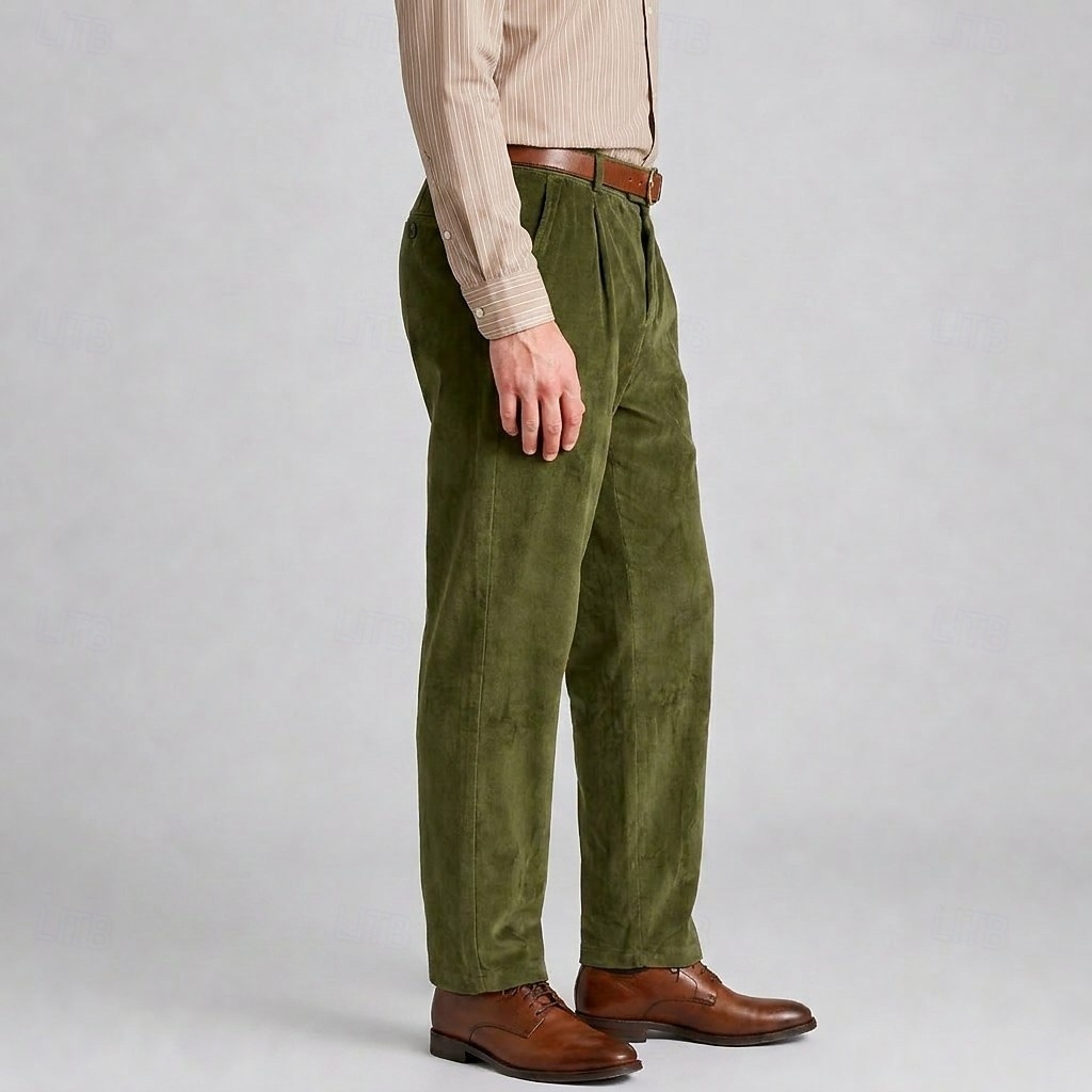 Calça social masculina de veludo - calça reta para ocasiões formais - verde militar de 2026 por $40.99 –P11