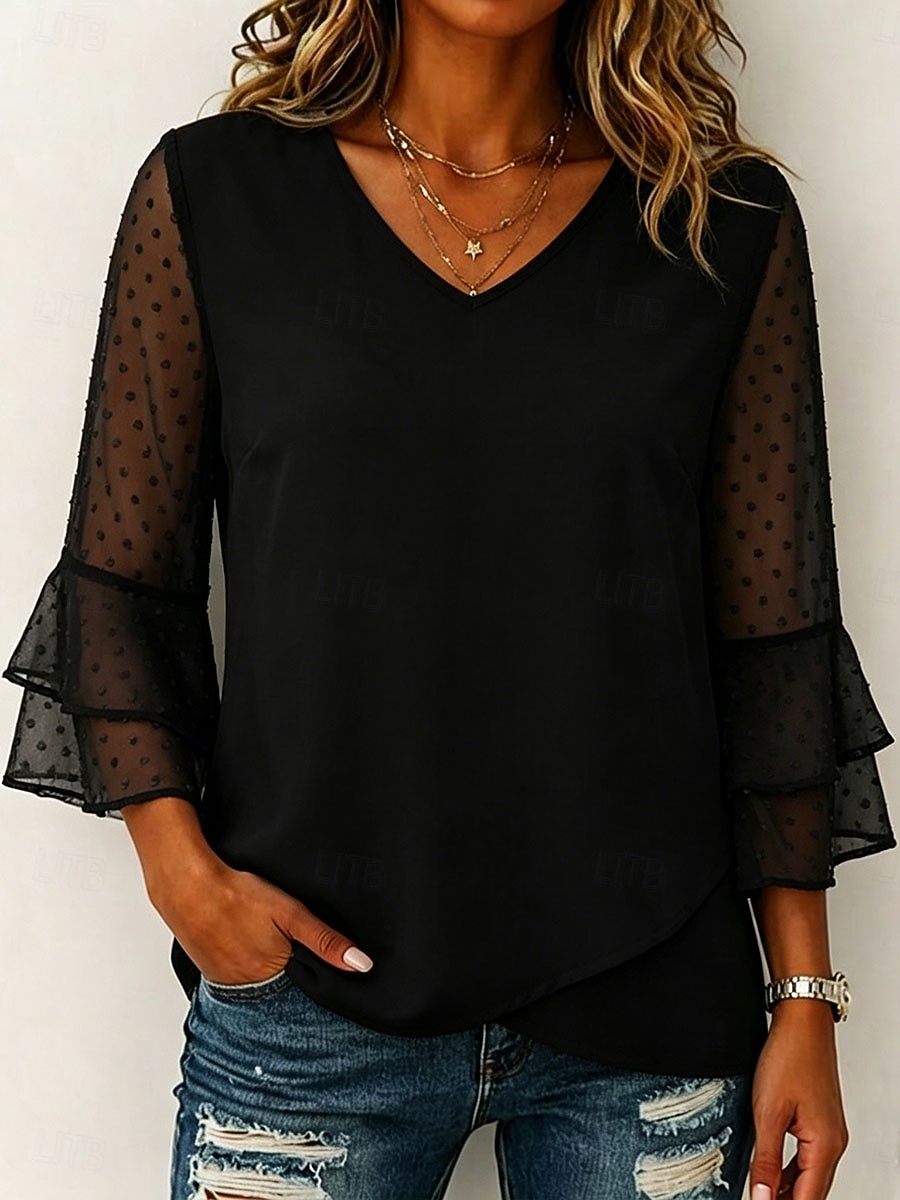 Dam T-shirt T-tröja Elegant 3/4 ärm Volangärm V-hals Vanliga toppar Ledigt Standkläder Blå Svart Vit Rodnande Rosa Grön Sommar Vår 2026 - $25.99 –P3