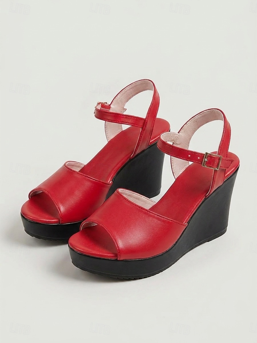 Women's Vibrant Red Wedge Sandals - Retro Cross-Strap Platform Shoes with Cork Texture Sole & Adjustable Buckle for Outdoor Vacations, Tropical Cruises & Summer Parties 2026 - $29.99 –P3