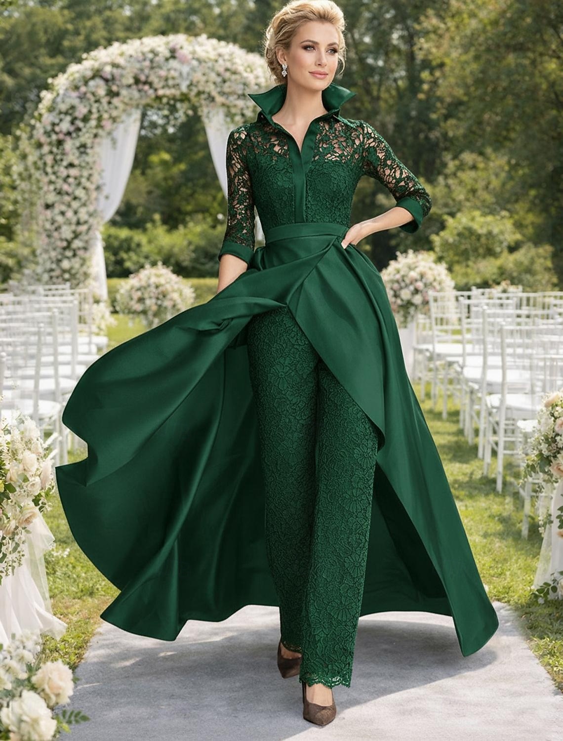 Pantaloni Lungime Podea Rochie Mama Miresei Lungime Manșon 3/4 Guler Cămașă Epocă Petrecere Oficial Invitat la nunta Seară Formală Satin Dantelă cu Ruching 2026 - $206.99 –P7