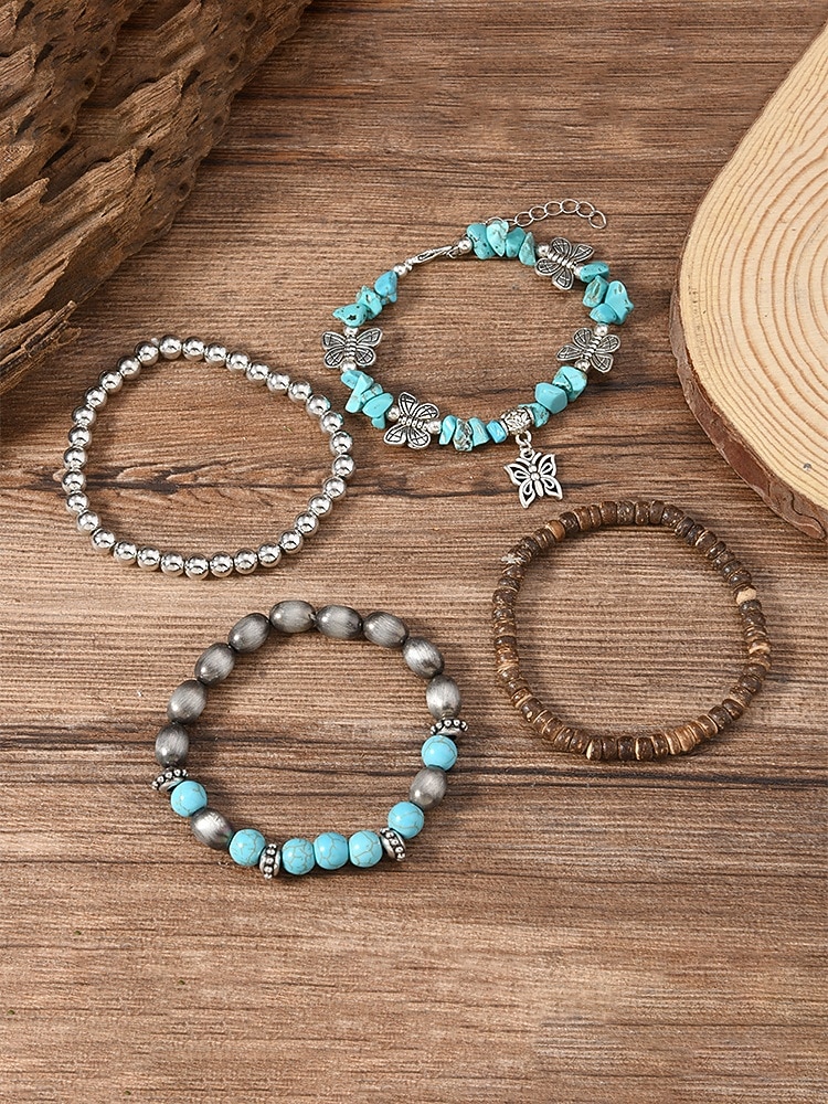 Dámská sada náramků v boho stylu s tyrkysovou barvou - vícevrstvé korálkové stohovatelné náramky s přívěskem motýl &slitinové doplňky pro letní dovolenou na pláži, každodenní nošení &dárek z hippie 2026 - $11.99 –P5