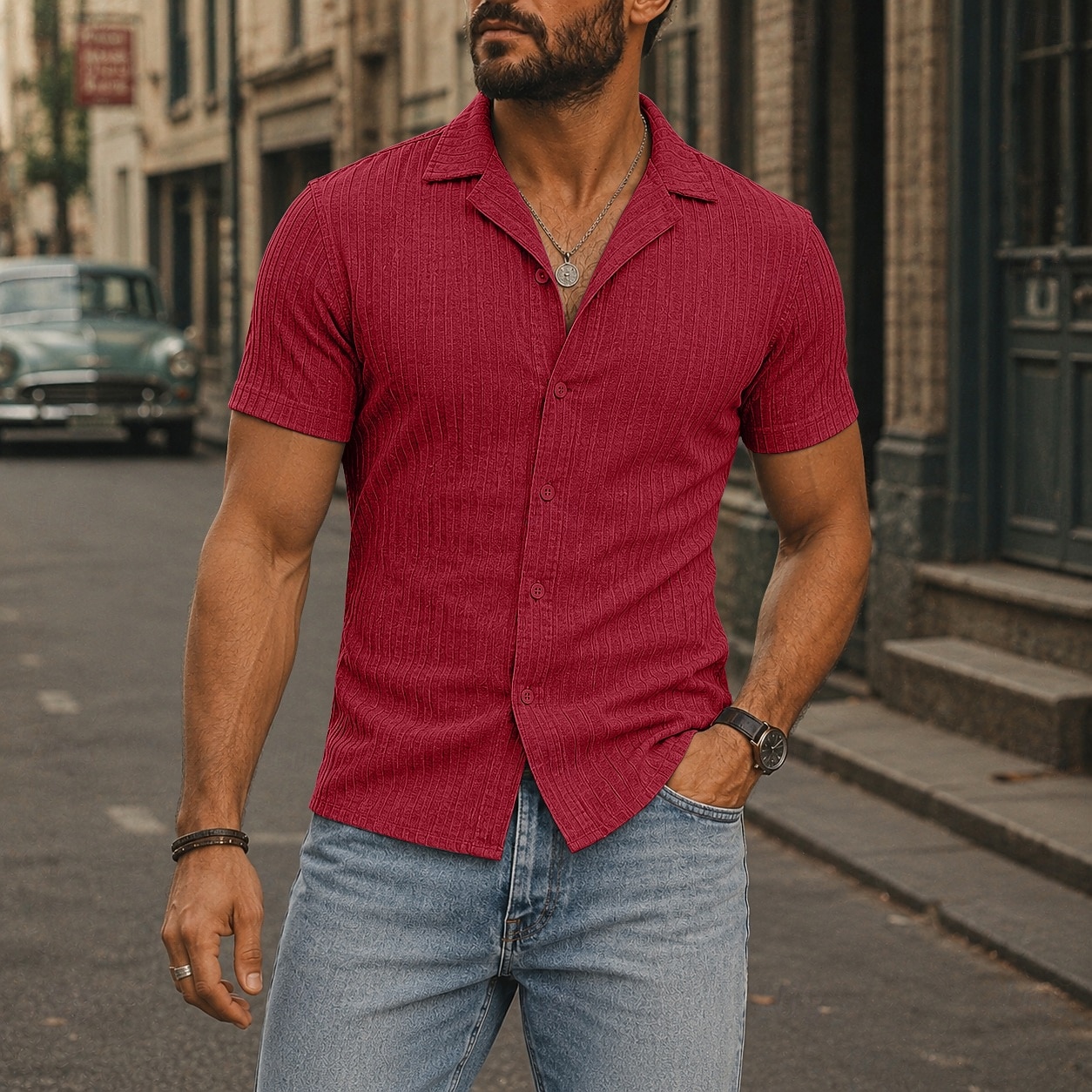 Men Shirt Casual Shirt Button Up Shirt Jacquard Shirt Black White Burgundy Navy Blue Apricot Short Sleeve Plain Cuban Collar Casual Daily Front Pocket Clothing Apparel Elegant Fashion Casual 2026 - $22.99 –P4