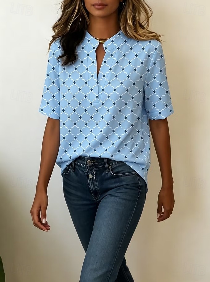 Damen Bluse Knöpfe Druck Grafik Geometrisch Vintage Stilvoll Modern Kurzarm Hemdkragen Normale Oberteile Lässig Täglich Blau Gelb Rosa Grün Sommer Frühling 2026 - $21.99 –P3