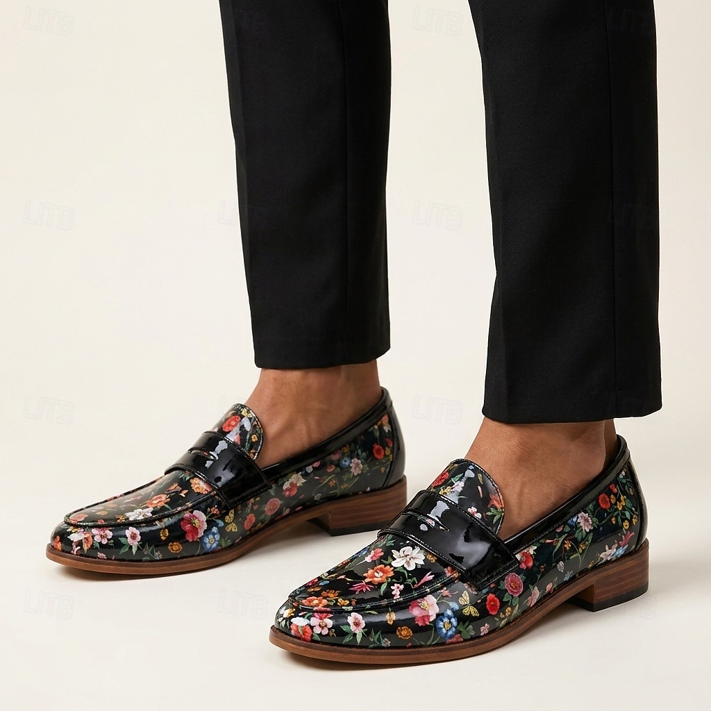 Mocassins à enfiler noirs à motif floral pour homme, chaussures habillées élégantes à bride vernie, parfaites pour les mariages, les banquets, les fêtes et les soirées raffinées. de 2026 ? $46.99 –P4