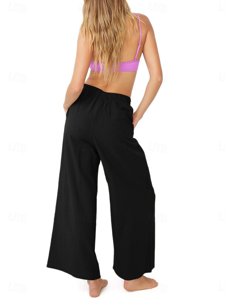 Mujer Algodón Perneras anchas Moda Ropa de calle Casual Longitud total Alta cintura Plano Bolsillo Cintura elástica Confortable Comodidad Suave Elástico Exterior Vacaciones Calle Azul Piscina 2026 - $22.99 –P10