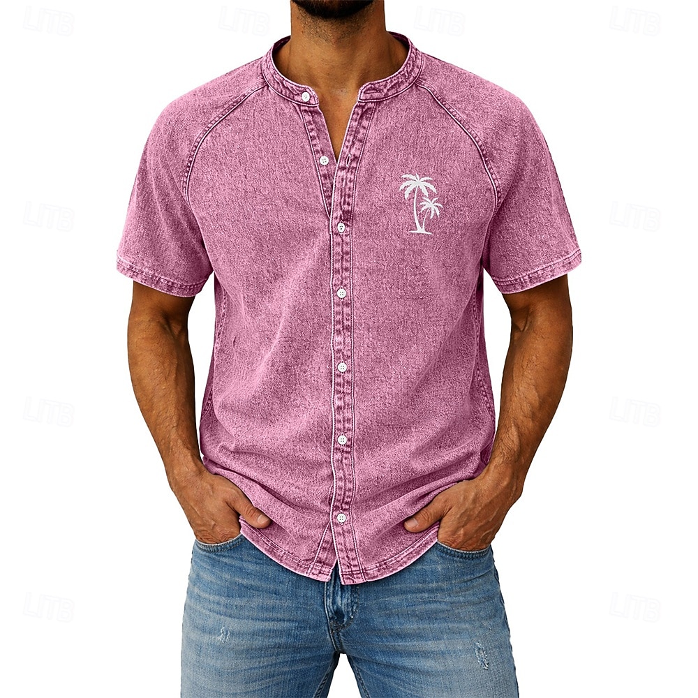 Men's Shirt Casual Shirt Button Up Shirt Garment Dyed Acid Wash Shirt Light Green Pink khaki Gray Light Blue Short Sleeve Plain Grandad Collar Casual Daily Clothing Apparel Elegant Fashion Casual 2026 - $31.99 –P4
