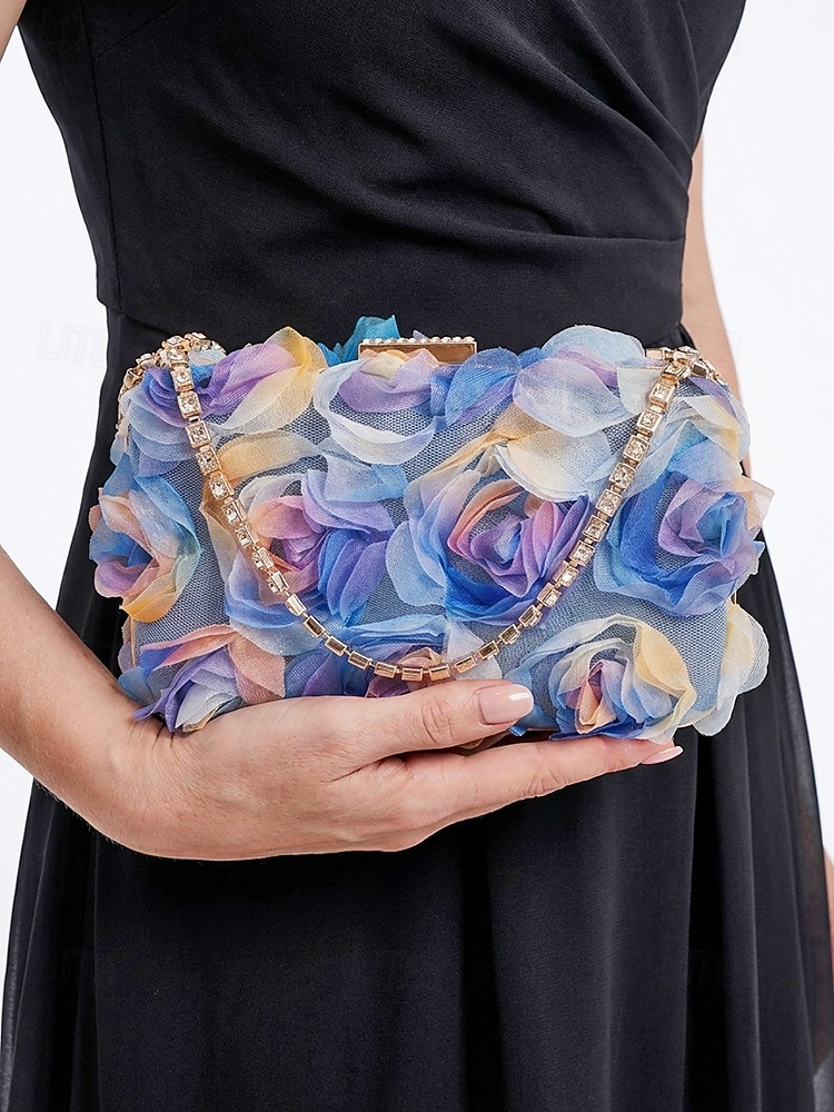 Elegant dameclutch med blomstermotiv, 3D-blomster og gullkjede, sofistikert håndveske til bryllup, cocktail og spesielle anledninger for damer. 2026 - $32.99 –P2