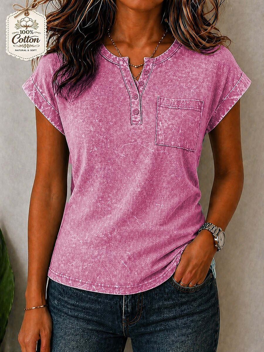 Mujer Algodón lavado 100% Algodón Henley Shirt Bolsillo Color sólido Vintage Elegante Manga Corta Manga Murciélago Tops regulares Casual Verano Azul Piscina Verde Claro Rosa Verano Primavera 2026 - $25.99 –P5