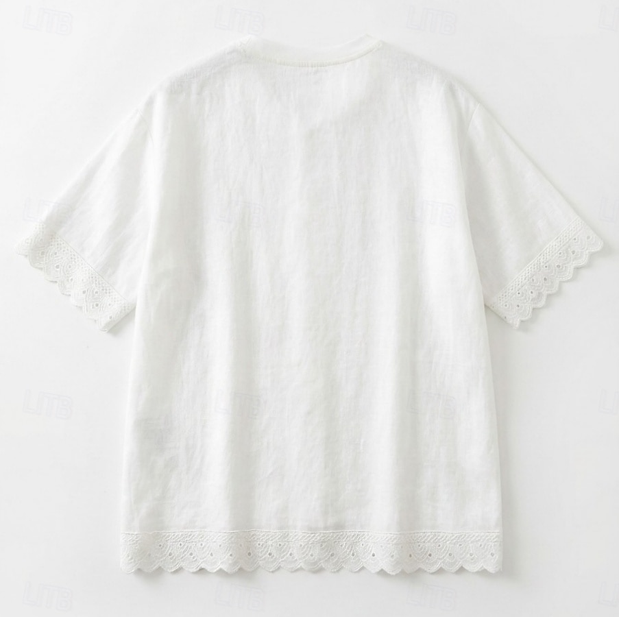 Women's Tee Top Lace Trims Solid Color Elegant Stylish Ethnic Short Sleeve Crew Neck Regular Tops Casual Daily Going out White Summer Spring 2026 - $26.99 –P7