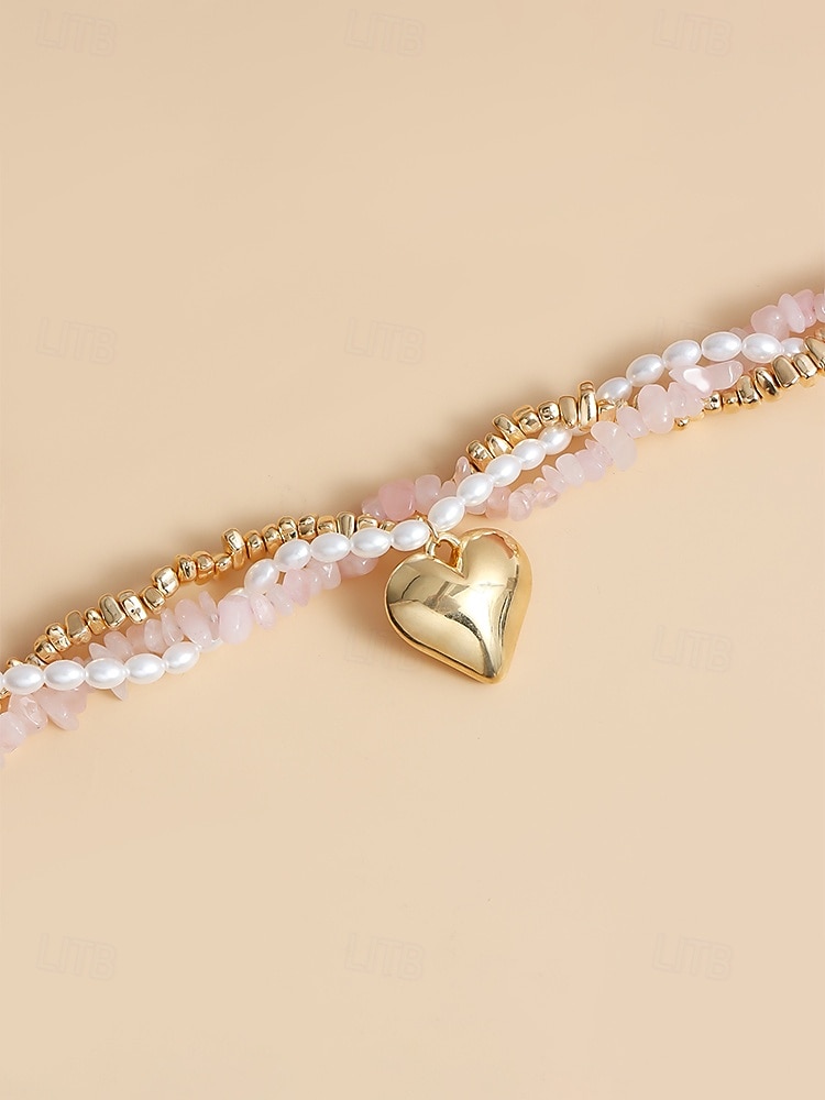 Damhalsband med lager på lager och imitationspärlor, rosa stenar och guldpärlor, elegant chokerhänge för vardagsbruk, semester, trädgårdsfest och semiformella tillfällen 2026 - $11.99 –P6