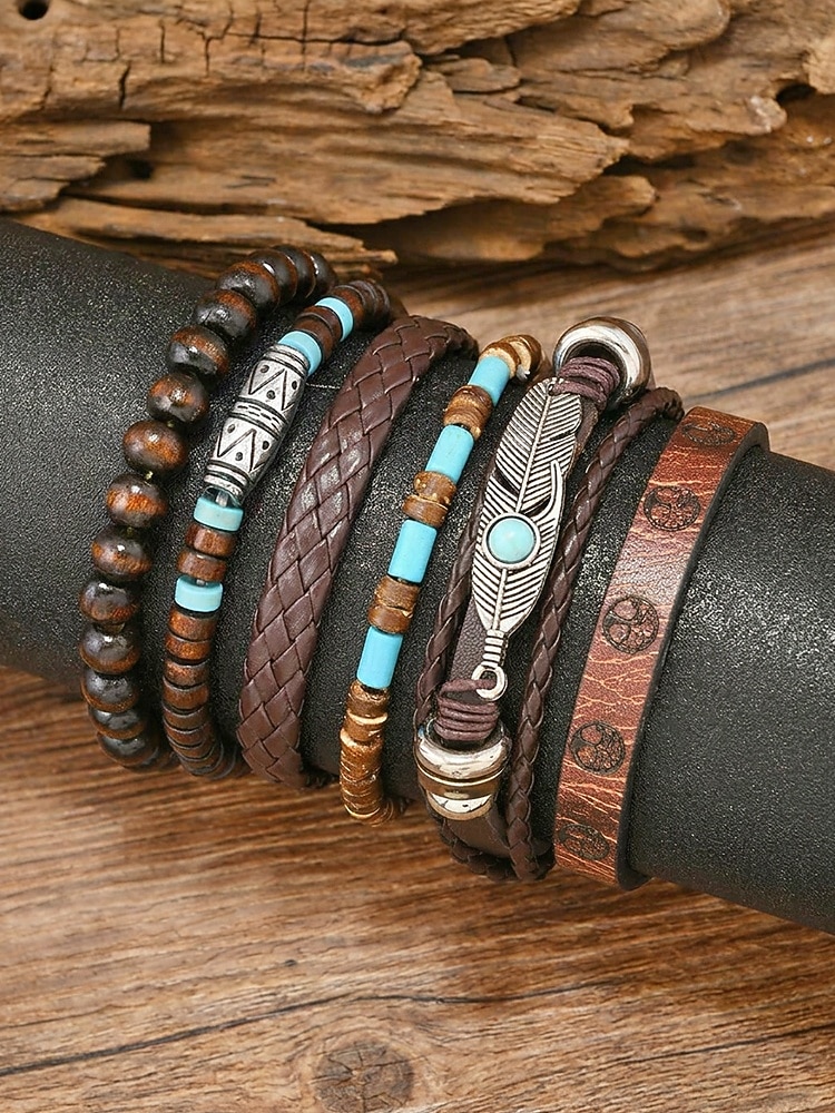 6-teiliges Boho-Armbandset für Herren aus Leder – Vintage-Holzperlen &Armbänder mit Federanhänger aus Silberlegierung, stapelbar, für sommerlichen Strandurlaub und lässige Alltagskleidung 2026 - E£578.65 –P4