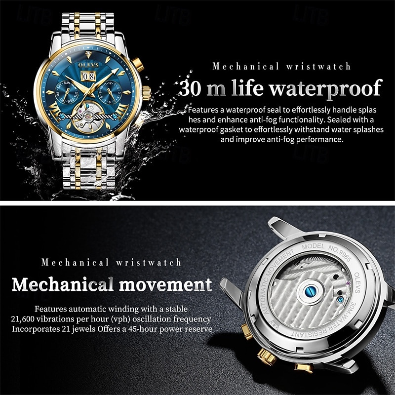 Men's Luxury Automatic Mechanical Watch, Two Tone Stainless Steel, Blue Dial Skeleton Tourbillon Style, Self-Winding Business Wristwatch with Big Date Day 24H Waterproof Luminous Gift for Him 2026 - $96.99 –P12