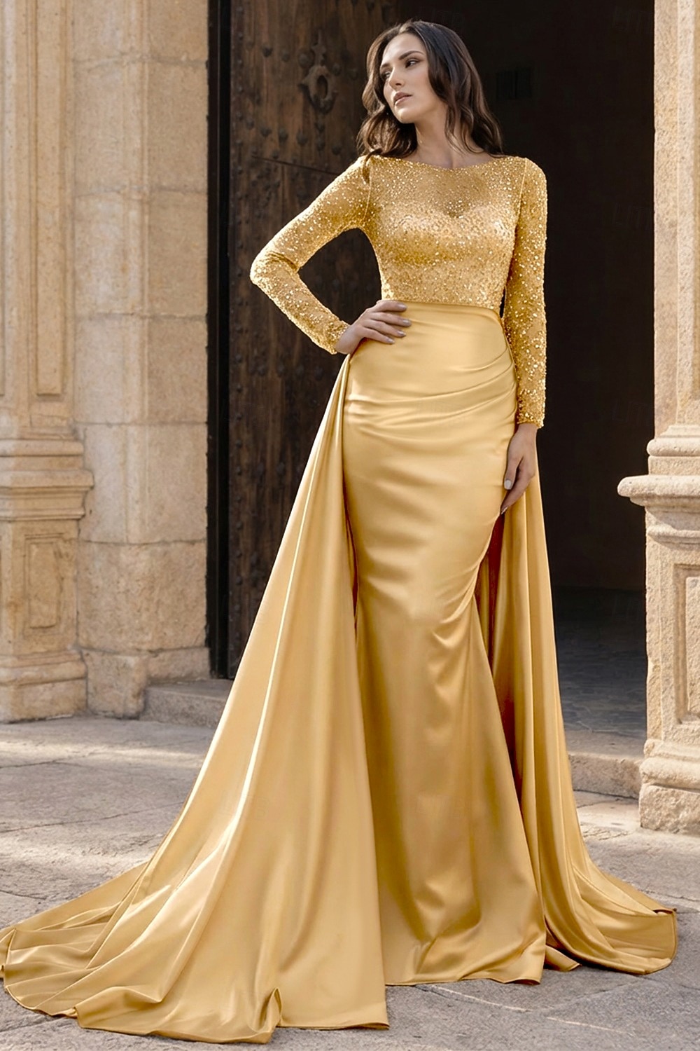 Sirena Tromba Lunghezza al pavimento Abito da Sera Elegante Brillare & Splendere Manica Lunga Scollo Illusione Carnevale Mascherata Abito Champagne per la Madre della Sposa Raso Con Paillettes con del 2026 a $183.99 –P18
