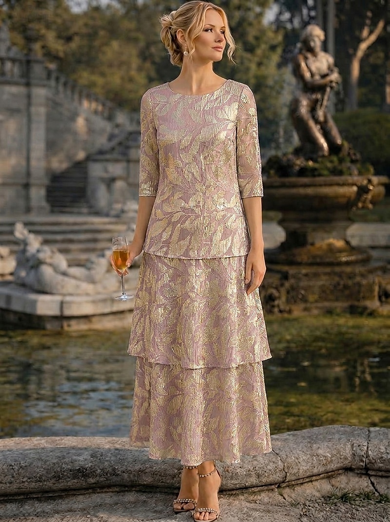 Corte A Hasta el Tobillo Vestido Invitada Boda Vestido de Madrina Media Manga Camiseta con cuello redondo Elegante Formal Semi-formal Doblado Jersey con Estampado flor Plisado Volantes 2026 - $171.99 –P5