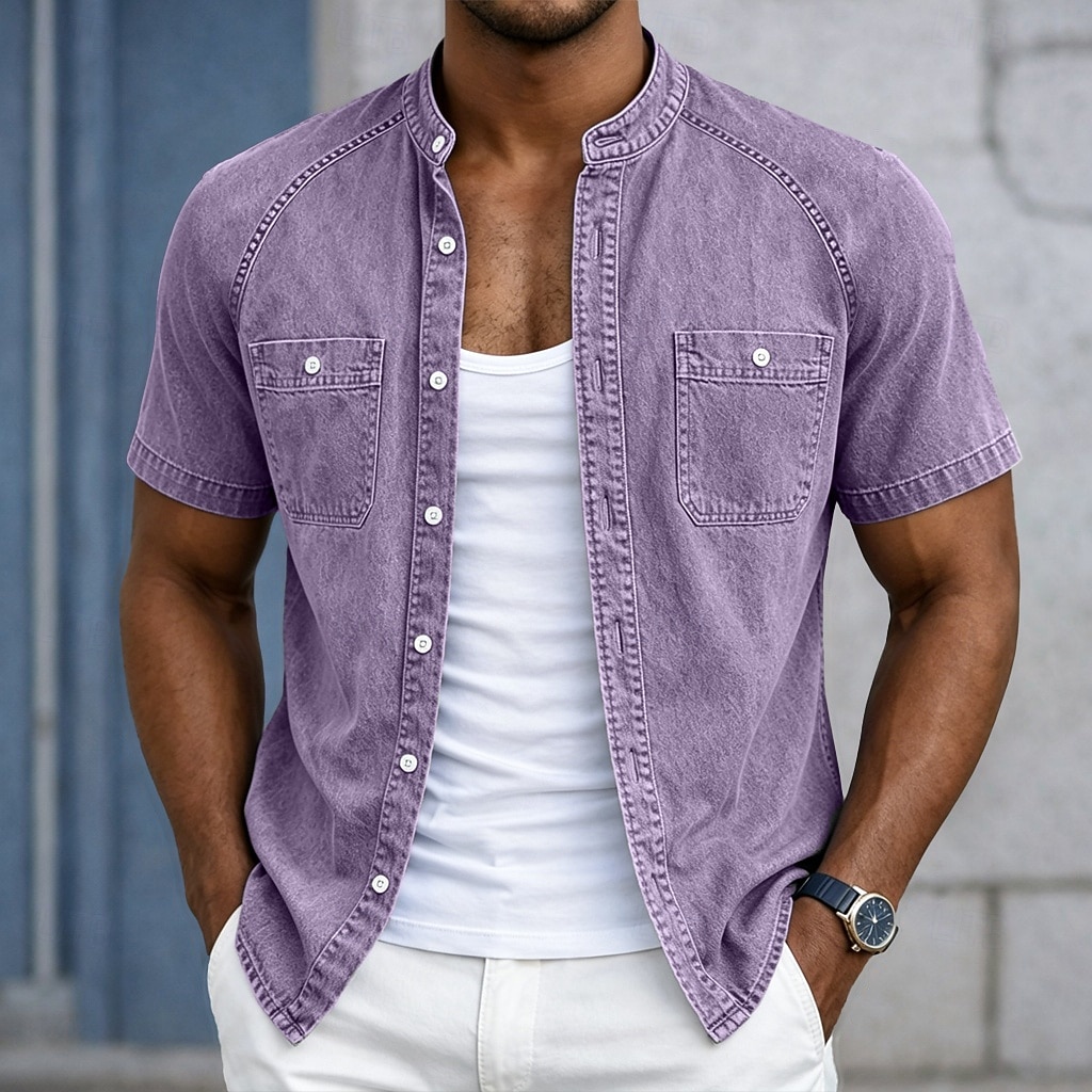 Chemise Homme SoftFade™ Chemise Décontractée Chemise Décolorée Teinte Vêtements 100% Coton Chemise Délavée Bleue Noire Rose Violet Verte Manches Courtes Col Grandad Uni Quotidien Patchwork de 2026 ? $31.99 –P3