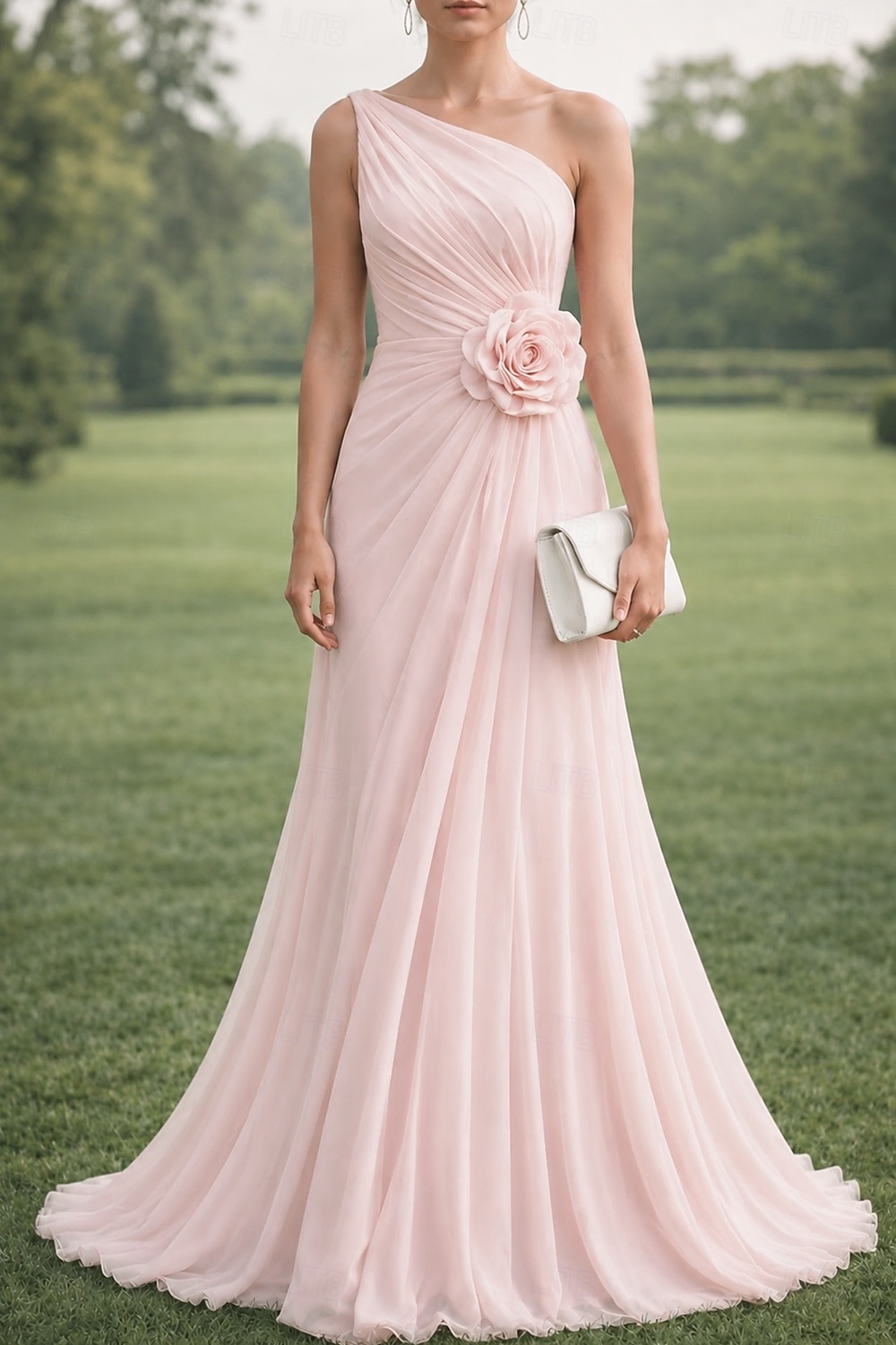 A-linje Gulvlengde Kveldskjoler Ballkjole Elegant Brudens mor Ermeløs Enskuldret Bryllup Formell Chiffon med Brodert blomst Plissert Bølgemønster 2026 - $171.99 –P2