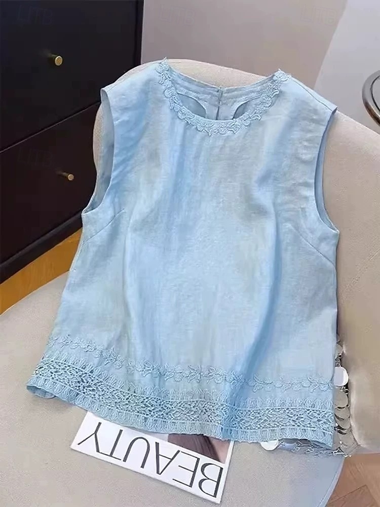 Mulheres Camisa Social Blusa Franzido Bordado Vintage Sem Manga Gola Redonda Tops regulares Azul Branco Amarelo Azul Marinha Verão Primavera de 2026 por $22.99 –P4