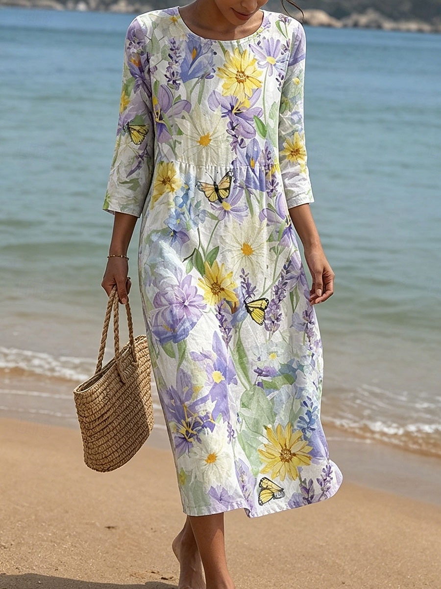 Women's Midi Dress Sundress Summer Dress Vacation Casual Boho Beach Holiday Regular Fit Floral Graphic 3/4 Length Sleeve Crew Neck Blue Pink Purple Summer Spring 2026 - $34.99 –P3
