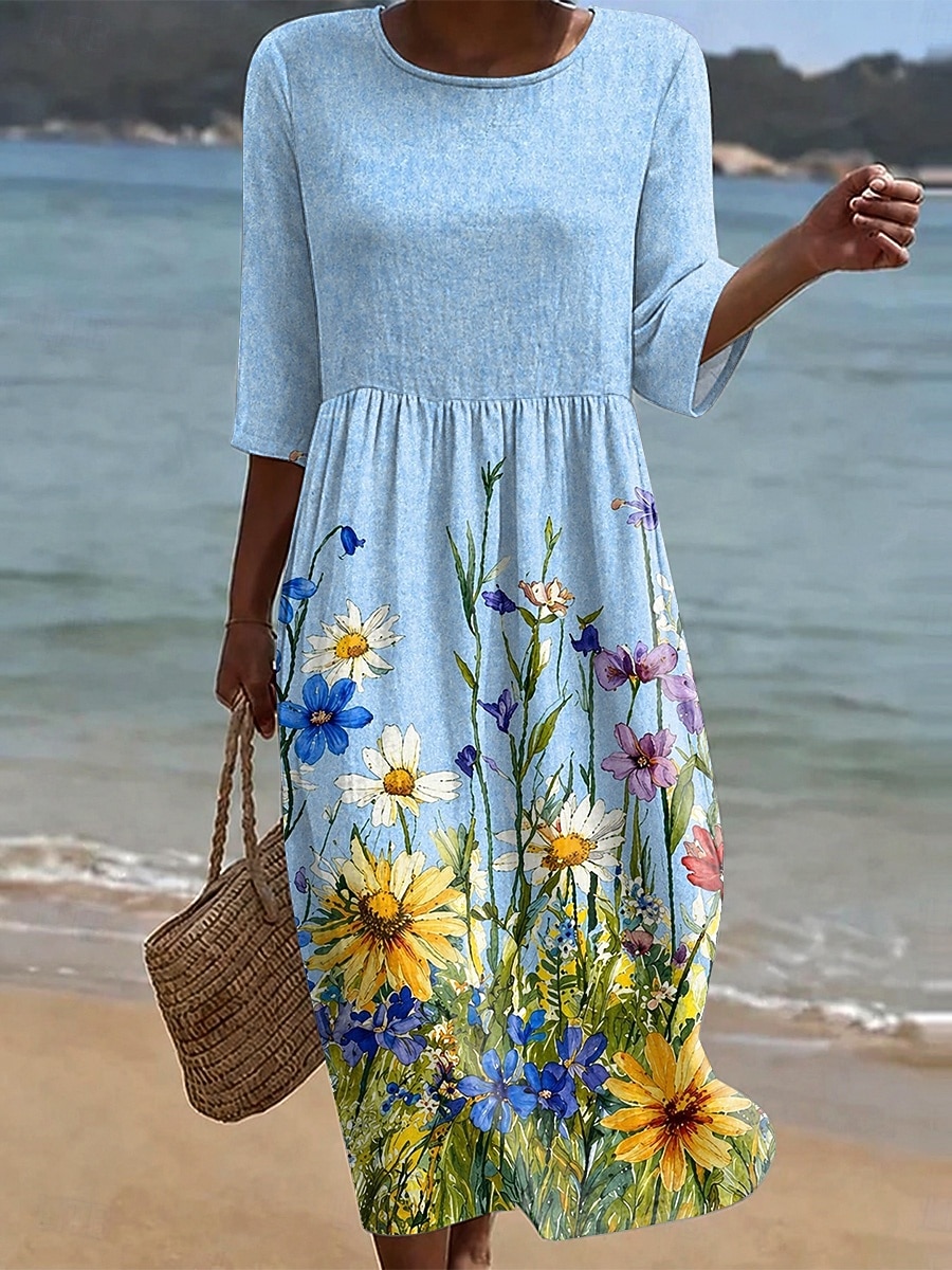 Ostern Damen Midikleid Sommerkleid Urlaub Lässig Boho Ferien Lässiger Schnitt Blumen Grafik Halbarm Rundhalsausschnitt Blau Gelb Rosa Violett Sommer Frühling 2026 - $36.99 –P6