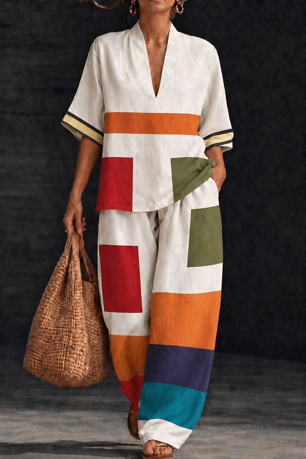 Per donna Camicia Set di biancheria in cotone Set di Pantaloni Manica Corta Scollo a V Floreale Grafico Geometrico Stampato Vacanza Moda Streetwear Casuale Quotidiano All'aperto Verde Arcobaleno del 2026 a $55.99 –P3