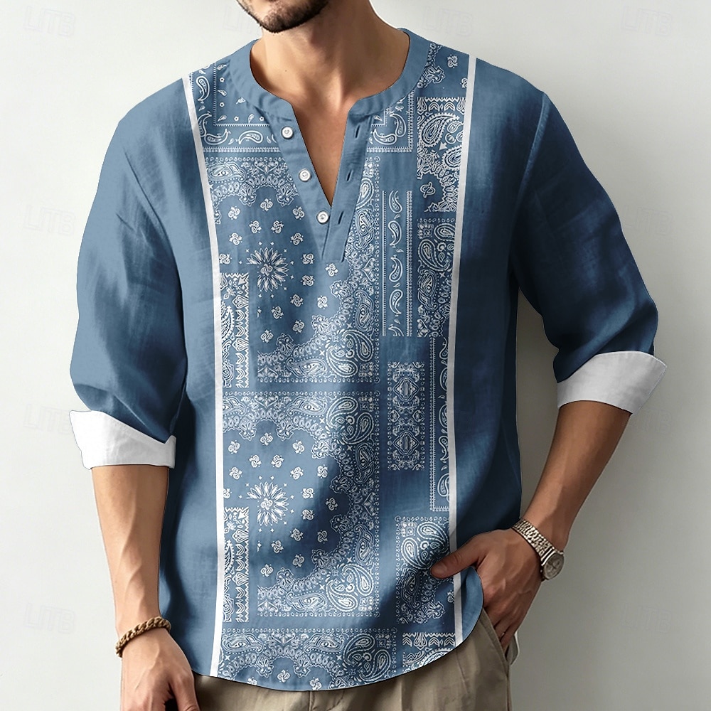 Men's Paisley Ethnic Intricate Floral Shirt Henley Shirt Tunic Shirts Long Sleeve Vintage Retro Daily Beach Vacation Wear Summer Spring V Neck Button Up 3D Print Linen Like Shirt Blue Purple Green 2026 - $27.99 –P1