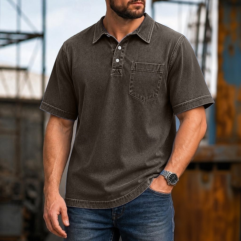 SoftFade™ Men's Polo Shirts 100% Cotton Acid Wash Shirt Casual Holiday Lapel Short Sleeve Fashion Basic Plain Pocket Distressed Summer Spring All Seasons Dark Brown Black Light Green Pink Navy Blue 2026 - $33.99 –P19