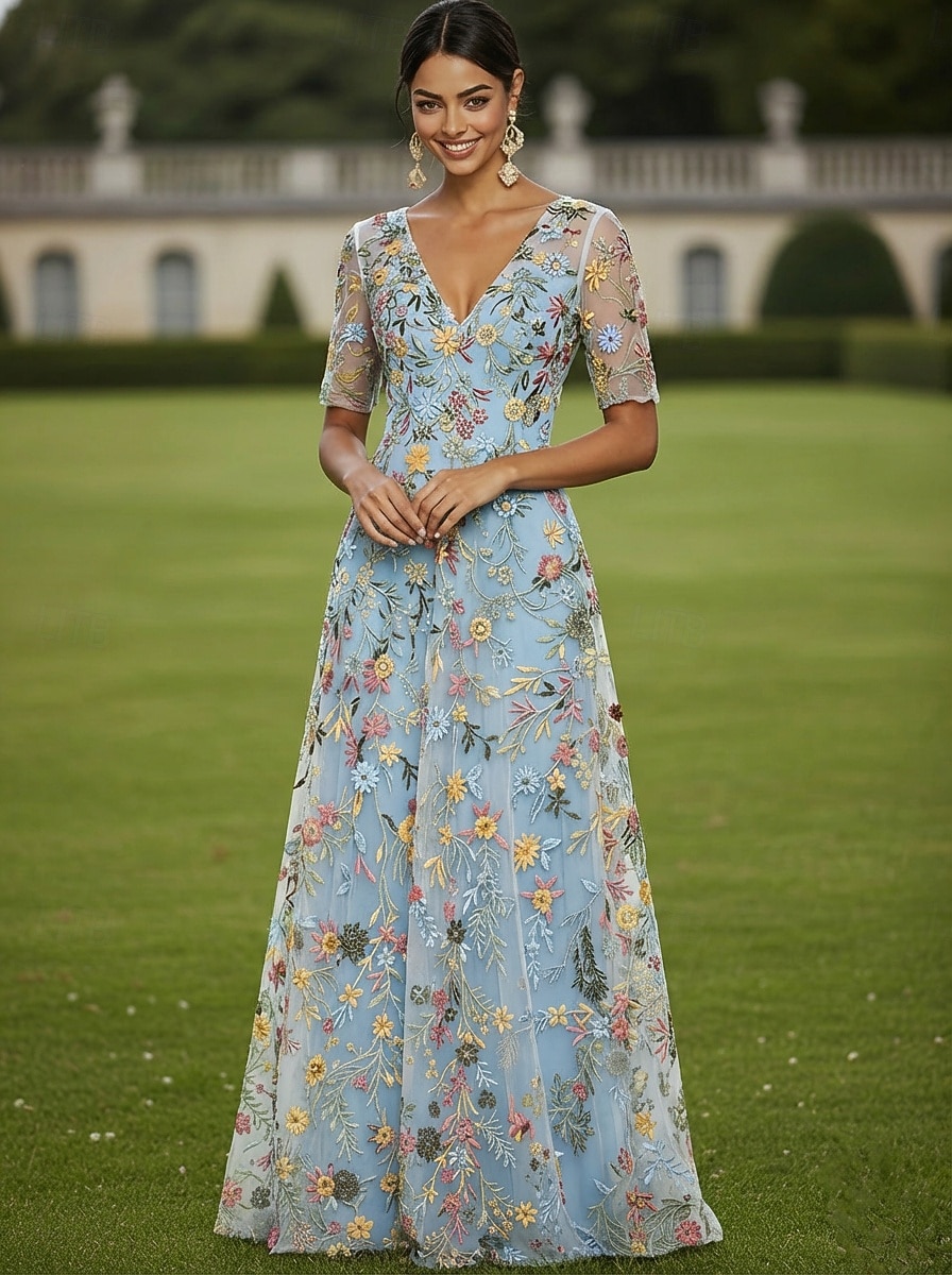 Corte A Vestidos Hasta el Suelo Vestido de Fiesta Vestido Cóctel Vestido de Madrina Media Manga Escote en Pico Elegante Vintage Lujoso Formal Invitado a la boda El derby de Kentucky Tul con Estampado 2026 - $182.99 –P7