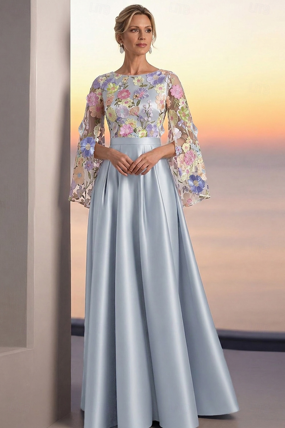 A-Linie Bodenlang Perlenbestickt Abendkleid Kleid der Brautmutter Abendkleid Ballkleid Festliche Kleidung Elegant Farbblock Langarm Rundhalsausschnitt Hochzeit Formell Tasche Satin Spitze Tiefer 2026 - $171.99 –P7