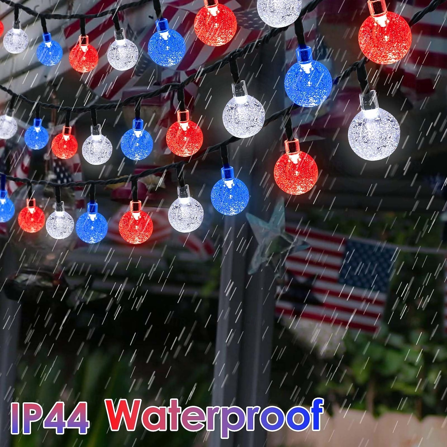 250e verjaardag van de VS, 4 juli, zonne-energie &USB oplaadbare lichtslinger, 12 meter, 100 rode, witte en blauwe bolvormige waterdichte LED-lampjes voor binnen, terras, tuin en feestjes. 2026 - $35.99 –P2