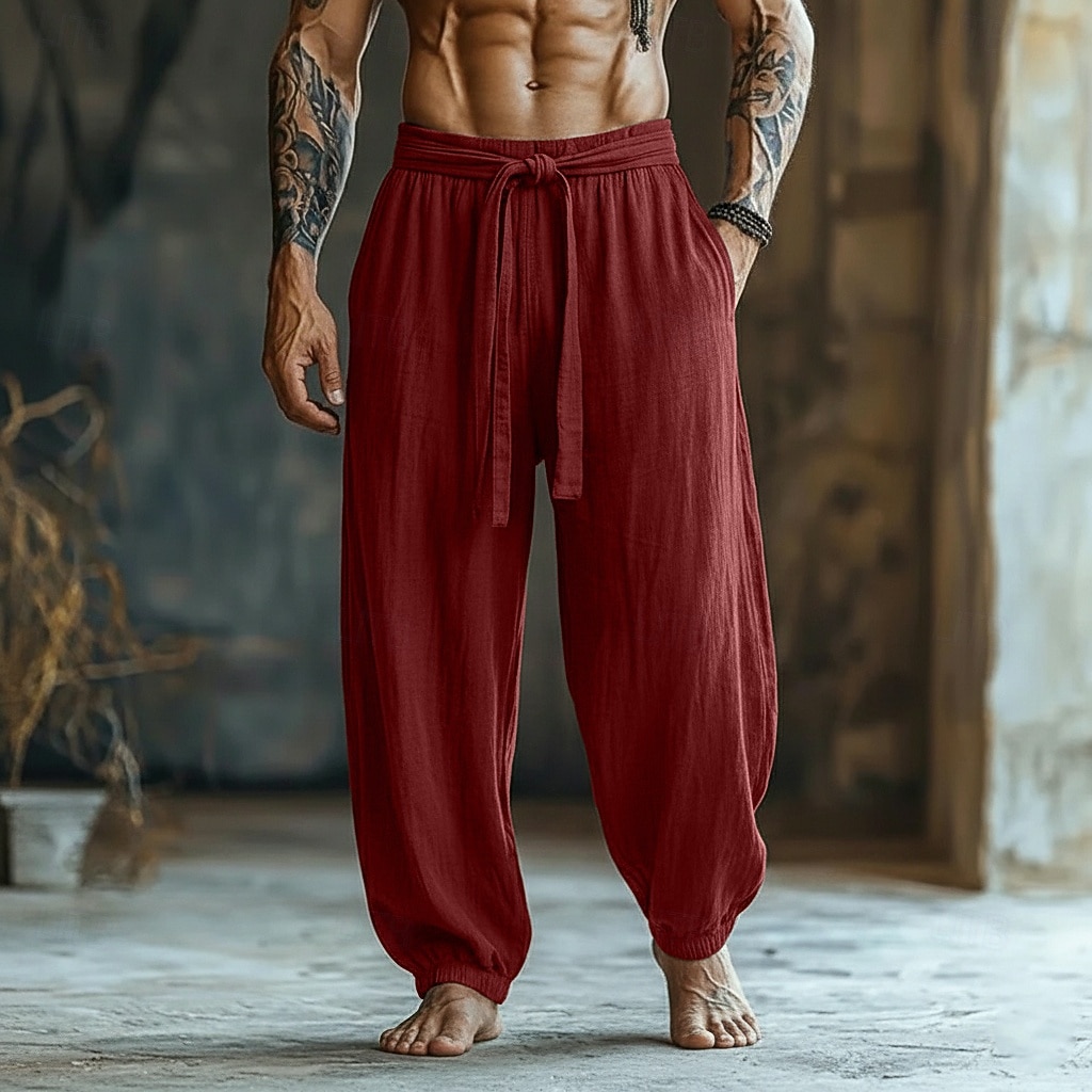 Men's Linen Pants Trousers Summer Pants Baggy Pants Elastic Cuff Plain Comfort Comfortable Full Length Casual Daily Outdoor Vacation Vintage Army Green Red Inelastic 2026 - $25.99 –P4