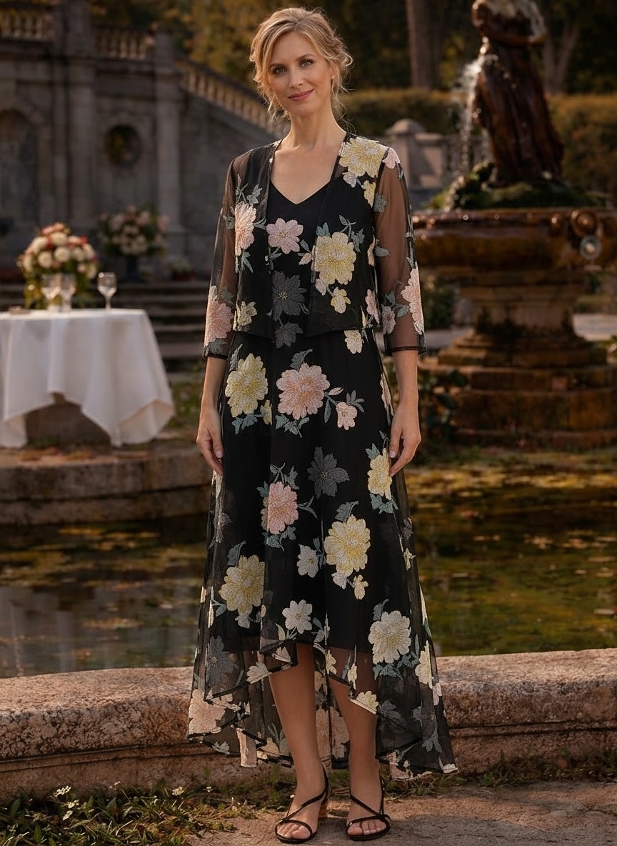 Due Pezzi Linea ad A Lunghezza Tè Abito da invitata a nozze Abito da cerimonia per signora Senza Maniche Manica 3/4 Scollo a V Elegante Semplice Formale Derby del Kentucky Semi-Formale Organza del 2026 a $195.99 –P8