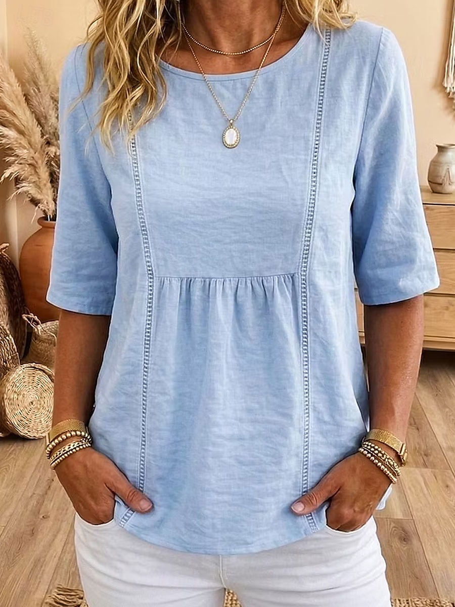 Mujer Camisa Color sólido Moda Elegante Casual Media Manga Cuello Barco Tops regulares Casual Diario Azul Piscina Blanco Verano Primavera 2026 - $26.99 –P3