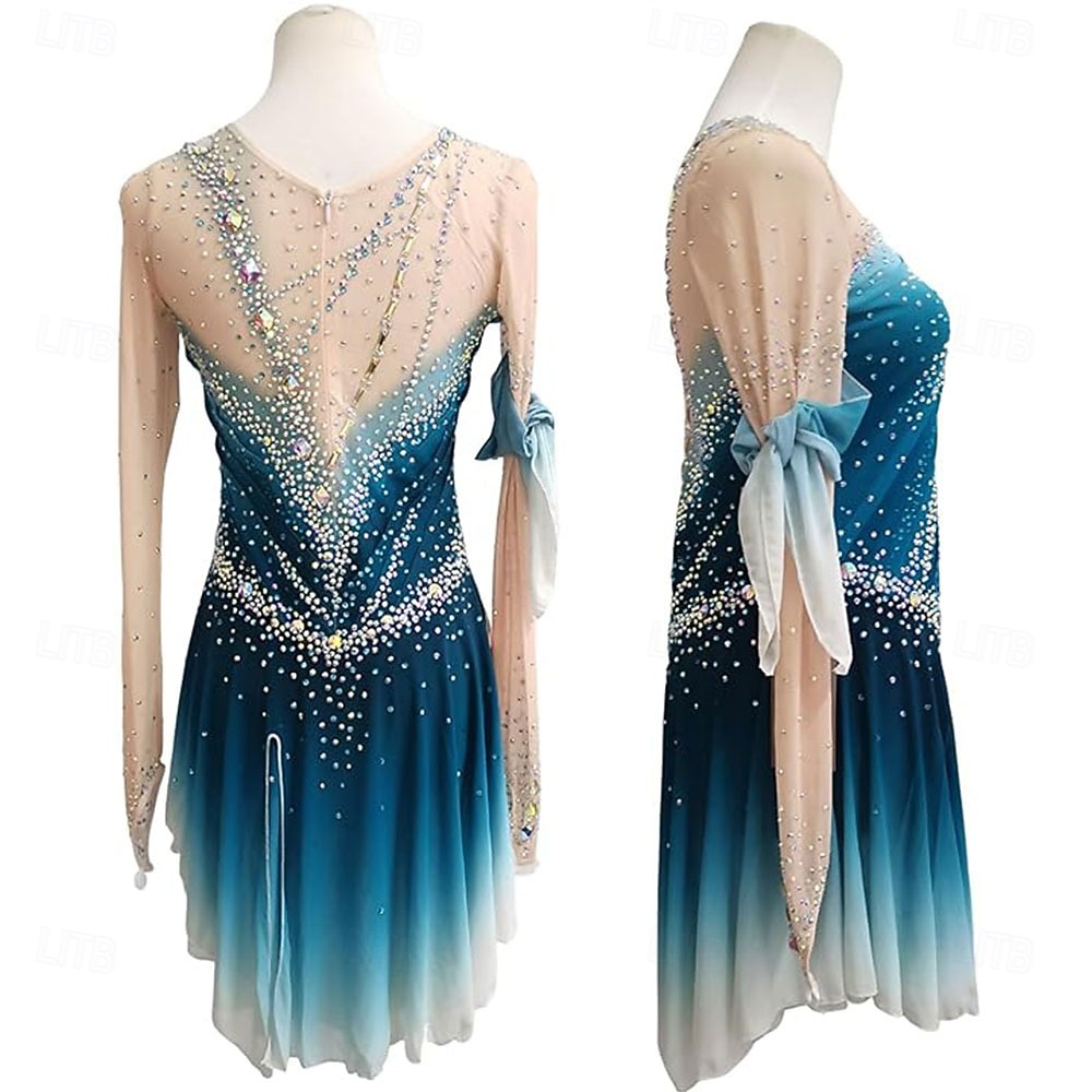 Figure Skating Fleece Jacket Figure Skating Dress Women's Ice Skating Dress Lake Blue Patchwork Thumbhole Stretchy Training Competition Skating Wear Classic Crystal / Rhinestone Long Sleeve Ice 2026 - $289.09 –P2