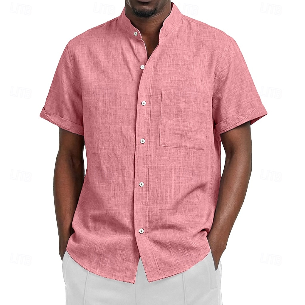 Voor heren Overhemd Linnen overhemd Zomer overhemd Strand Kleding Overhemd met bandkraag Overhemd met knopen Effen Kleur Casual Vakantie Zwart Wit Blozend Roze Oranje Korte mouw Mandarijn Kraag Zomer 2026 - $11.49 –P9