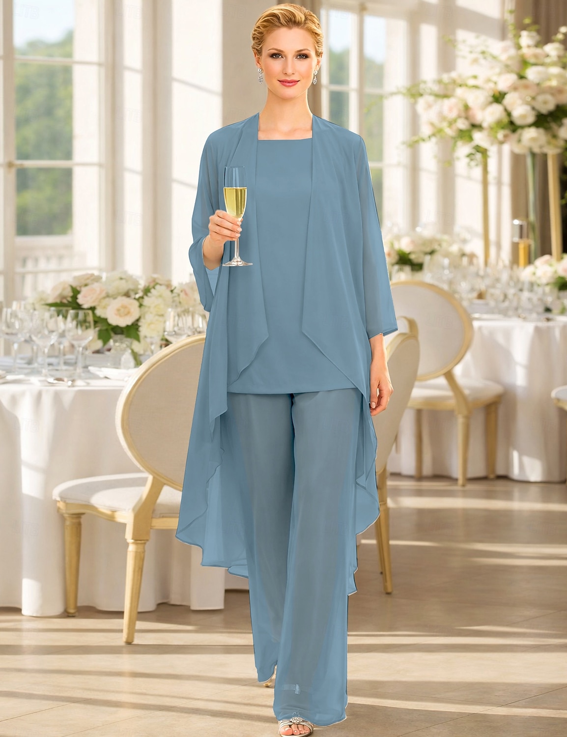 Traje de pantalón Traje de 3 piezas Hasta el Suelo Vestido de Madrina Sin Mangas Barco de cuello Elegante Talla Grande Bolero incluido Invitado a la boda Gasa Vestidos de chaqueta con Un Color 2026 - $137.99 –P6