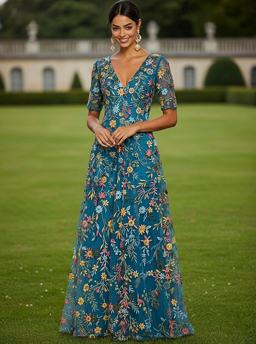 Corte A Vestidos Hasta el Suelo Vestido de Fiesta Vestido Cóctel Vestido de Madrina Media Manga Escote en Pico Elegante Vintage Lujoso Formal Invitado a la boda El derby de Kentucky Tul con Estampado 2026 - $182.99 –P12