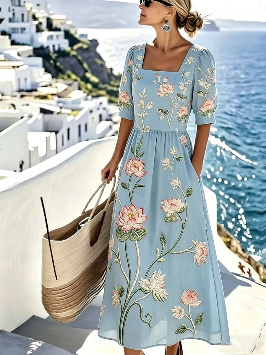 Women's Midi Dress Casual Dress A Line Dress Elegant Vacation Stylish Beach Holiday Regular Fit Floral Graphic Half Sleeve Crew Neck Blue Red Orange Summer Spring 2026 - $49.99 –P7