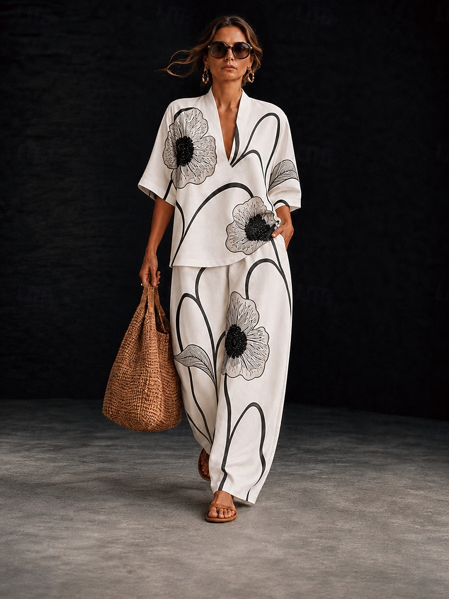 Women's Shirt Cotton Linen Sets Pants Sets Short Sleeve Half Sleeve V Neck Floral Graphic Geometric Print Vacation Fashion Streetwear Casual Daily Outdoor Black White Ivory Spring & Summer Loose Fit 2026 - $55.99 –P5