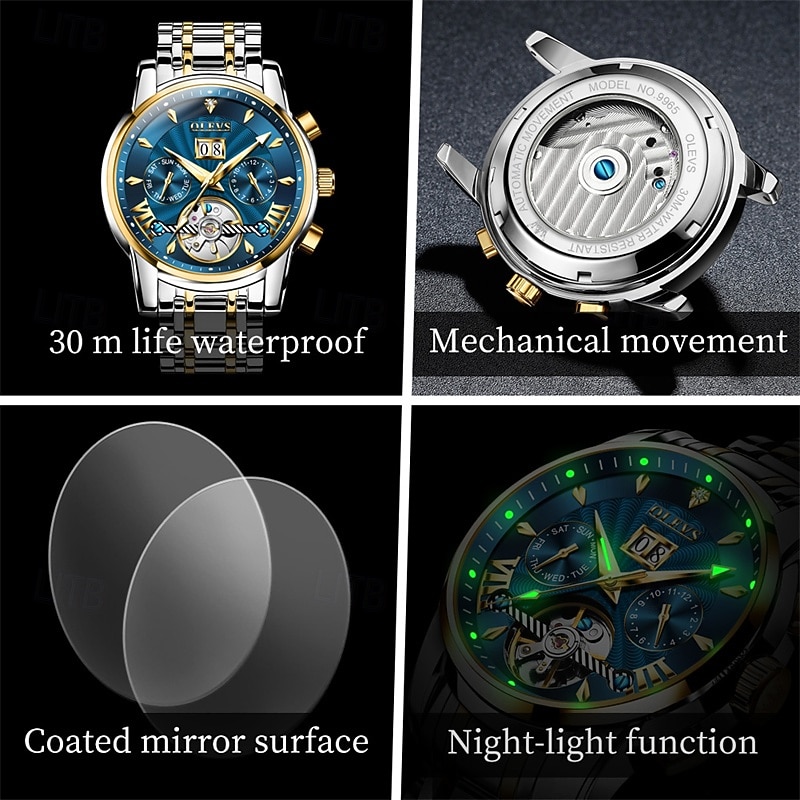 Men's Luxury Automatic Mechanical Watch, Two Tone Stainless Steel, Blue Dial Skeleton Tourbillon Style, Self-Winding Business Wristwatch with Big Date Day 24H Waterproof Luminous Gift for Him 2026 - $96.99 –P15