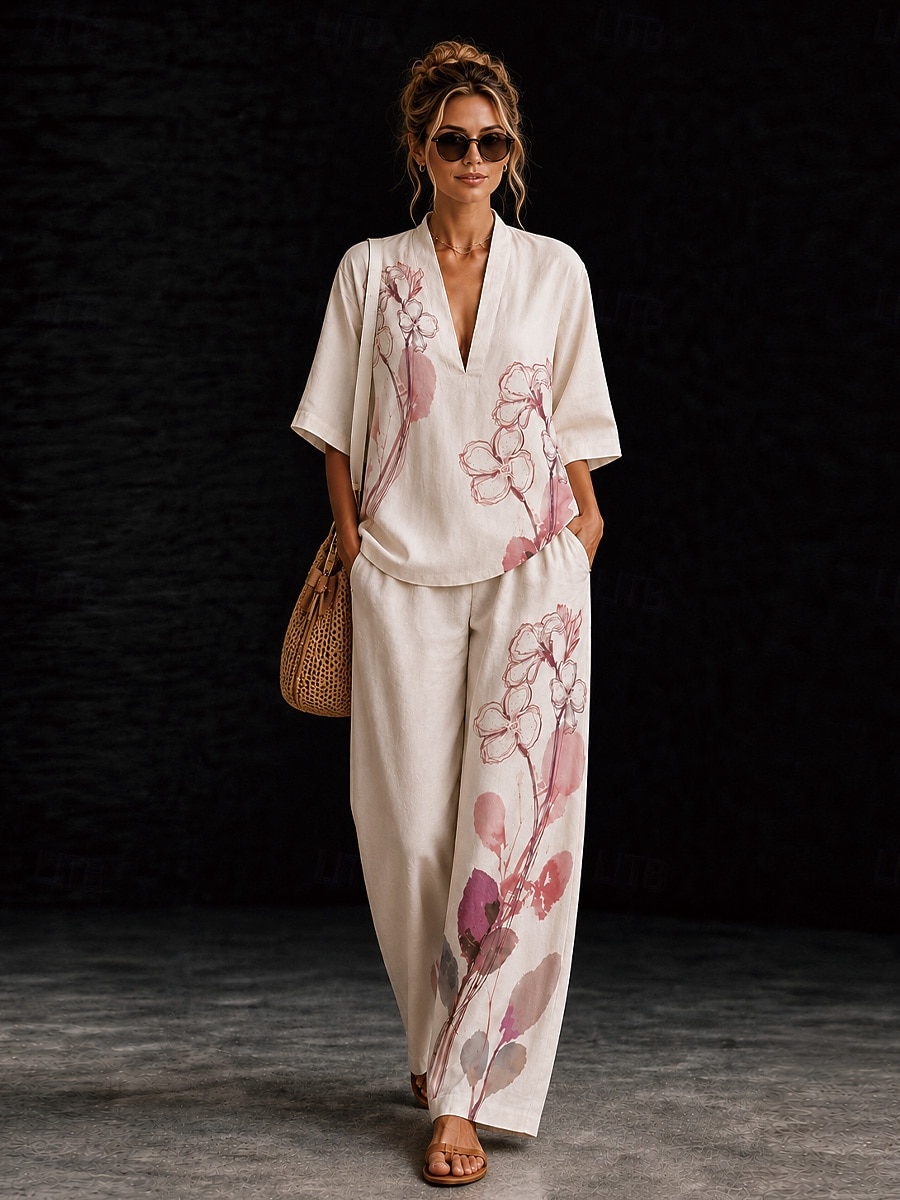 Women's Shirt Cotton Linen Sets Pants Sets Short Sleeve V Neck Floral Graphic Geometric Print Vacation Fashion Streetwear Casual Daily Outdoor Yellow Pink Dusty Rose Spring & Summer Loose Fit 2026 - $55.99 –P10