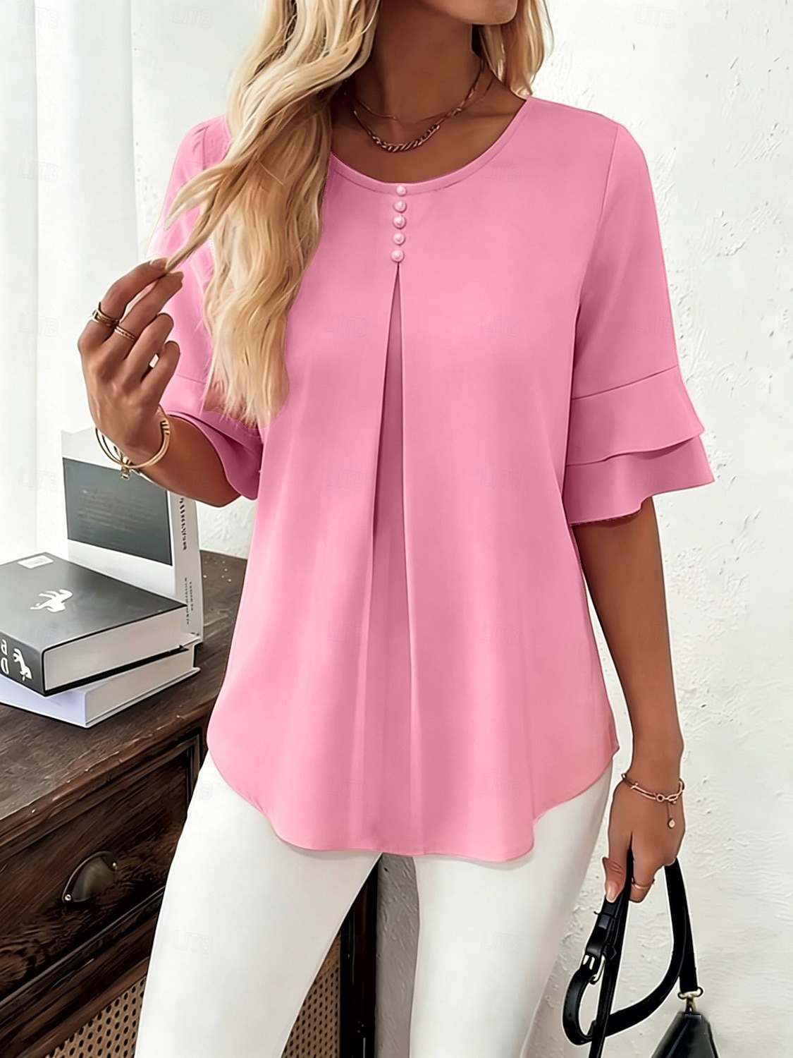 Per donna Camicia Blusa Tinta unica Elegante Vacanza Manica Corta Manicotto a foglia di loto Girocollo Top Regolari Casuale Quotidiano Blu chiaro Rosso-arancio Verde chiaro Rosa Viola chiaro Estate del 2026 a $27.99 –P1