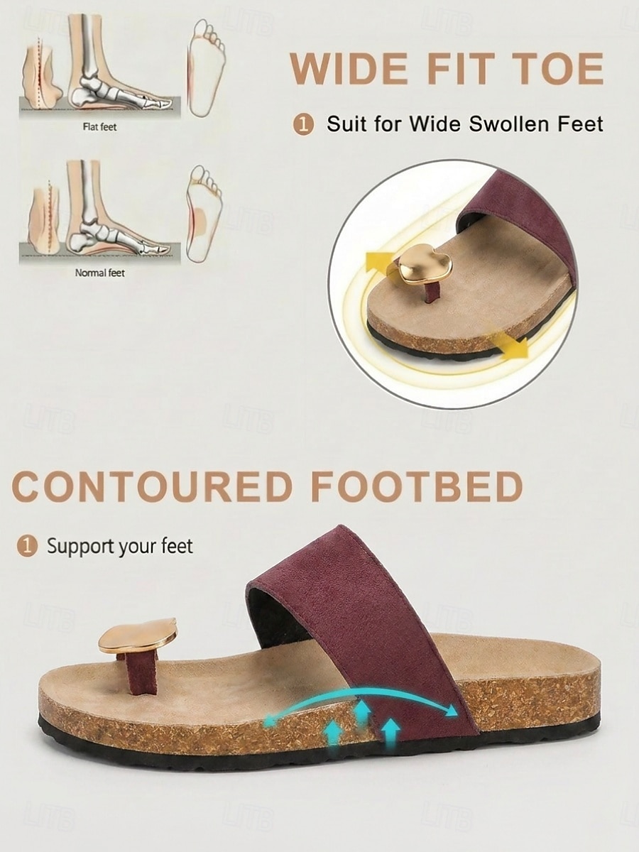 Damessandalen met bordeauxrode metalen teenring – comfortabele slippers met voorgevormd voetbed voor platte voeten, ideaal voor op reis. &zomerse vrijetijdskleding 2026 - $24.99 –P4