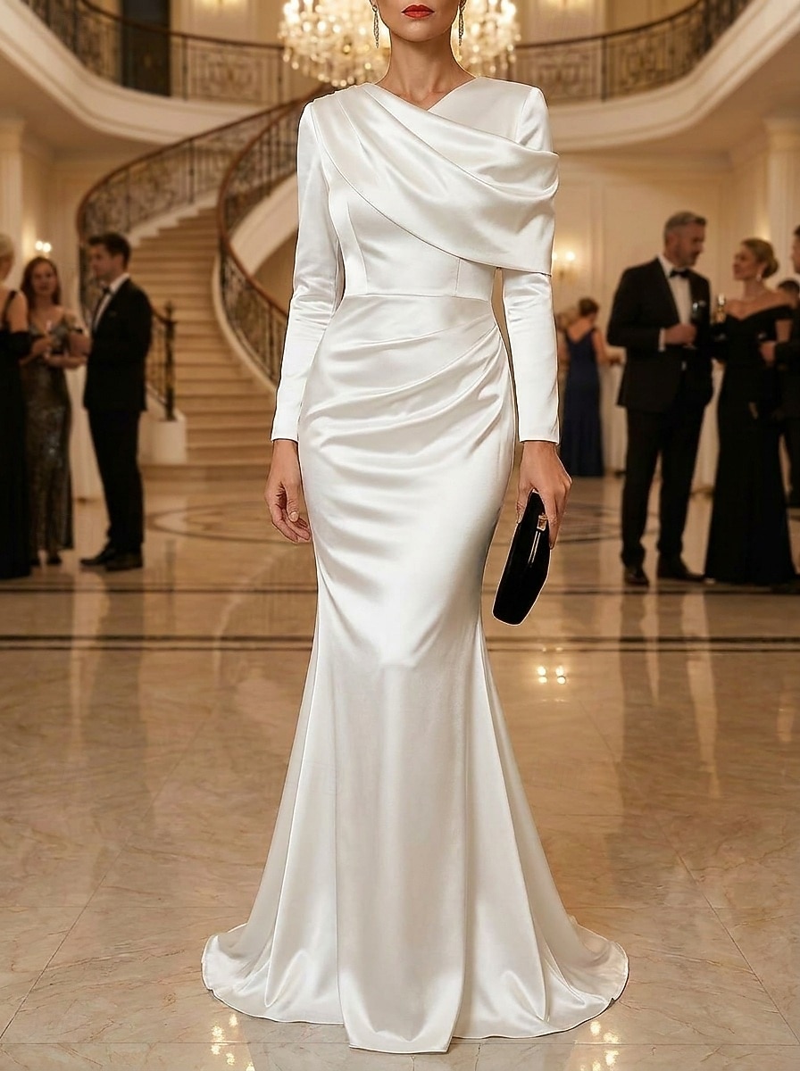 Mermaid Trumpet Floor Length Evening Gown Elegant Empire Waist Evening Long Sleeve High Neck Evening Party Wedding Stretch Satin with Pleats Solid Color 2026 - $171.99 –P1