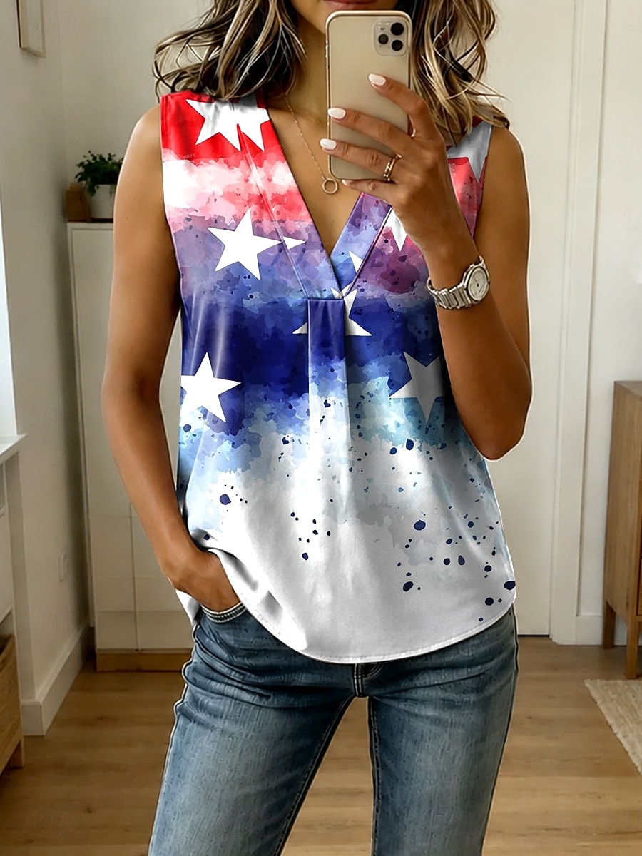 American Independence Day Women's Tank Top Graphic Star Abstract Elegant Vintage Stylish Sleeveless V Neck Regular Tops Casual Daily Weekend Blue White Red Summer Spring 2026 - $22.99 –P3