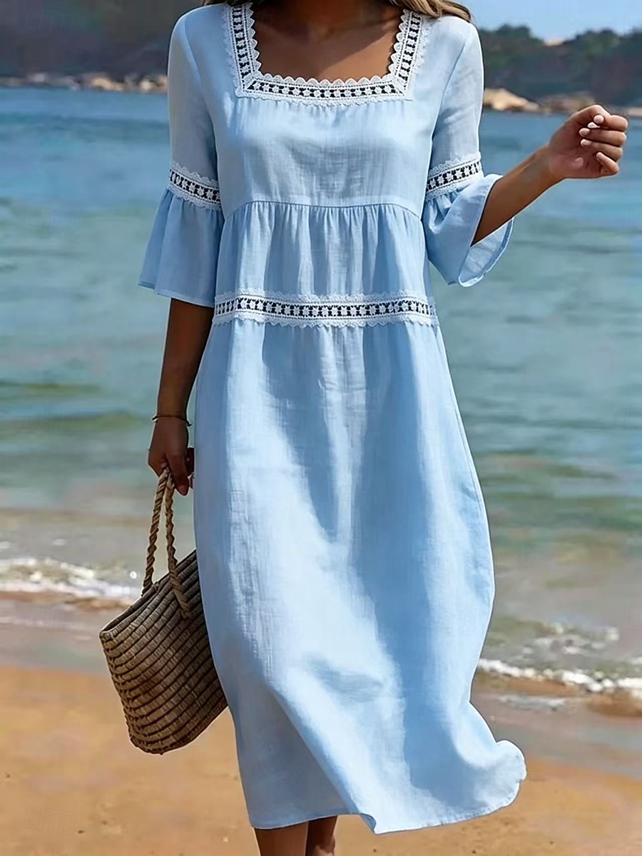 Women's Midi Dress Shift Dress Casual Beach Holiday Loose Fit Plain 3/4 Length Sleeve V Neck Blue Wedgewood White Yellow Summer Spring 2026 - $35.99 –P3
