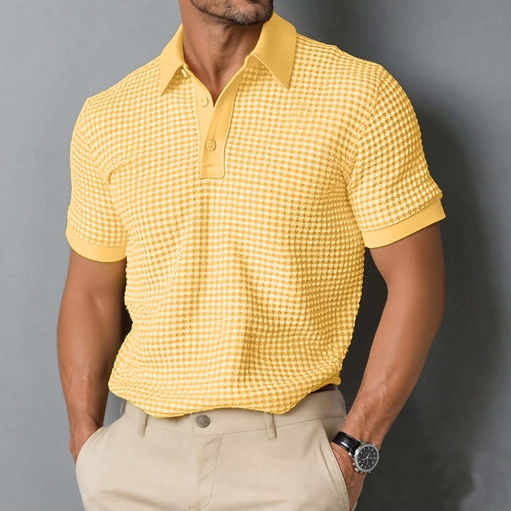 Homens Camisas Polo Waffle Textura Casual Feriado Lapela Manga Curta Moda Básico Tecido Botões Macia Verão Primavera Amarelo Camisas Polo Waffle de 2026 por $35.99 –P1