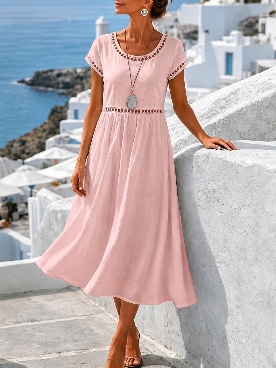 Damen Midikleid Freizeitkleid Sommerkleid Basic Klassisch Täglich Urlaub Lässiger Schnitt Einfach Kurzarm Rundhalsausschnitt Weiß Gelb Rosa Himmelblau Sommer Frühling 2026 - $25.99 –P4